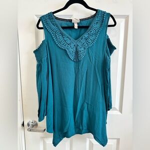 Knox Rose Teal Cold Shoulder Blouse (XL)